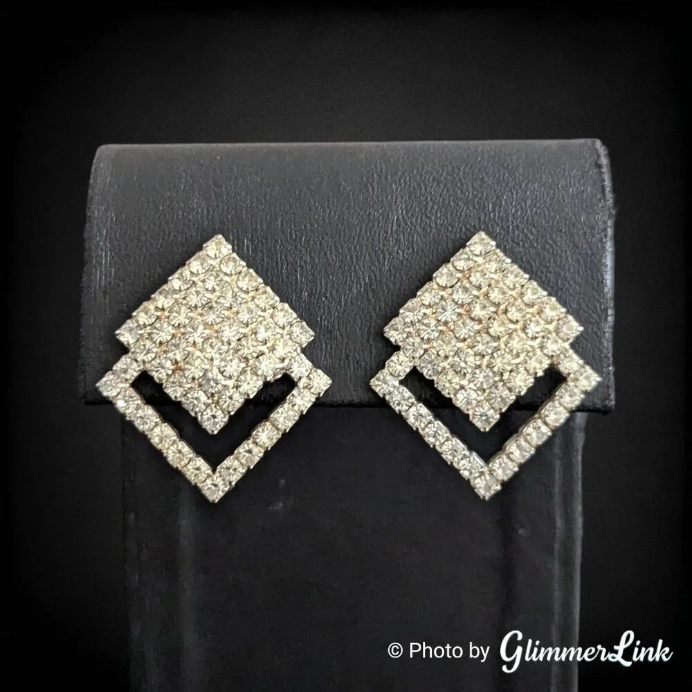 Vintage 70s Rhinestone Geometric Diamond Art Deco Style Clip On Earrings